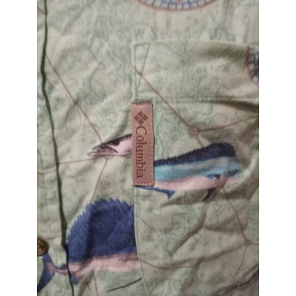 Columbia Mens Fish Graphic Print Green Button Down Short Sleeve Shirt Large L - Picture 2 of 12